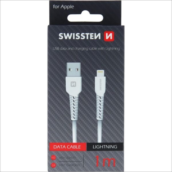 Durable 1-meter USB-A to Lightning cable with reinforced connectors, suitable for charging and data transfer for Apple devices.