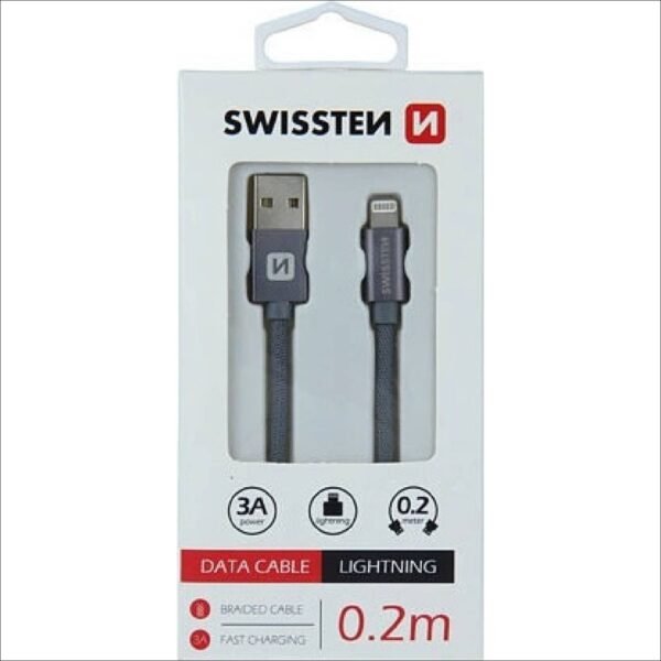 Compact 0.2m USB-A to Lightning cable for fast charging and data transfer, in a sleek gray design.
