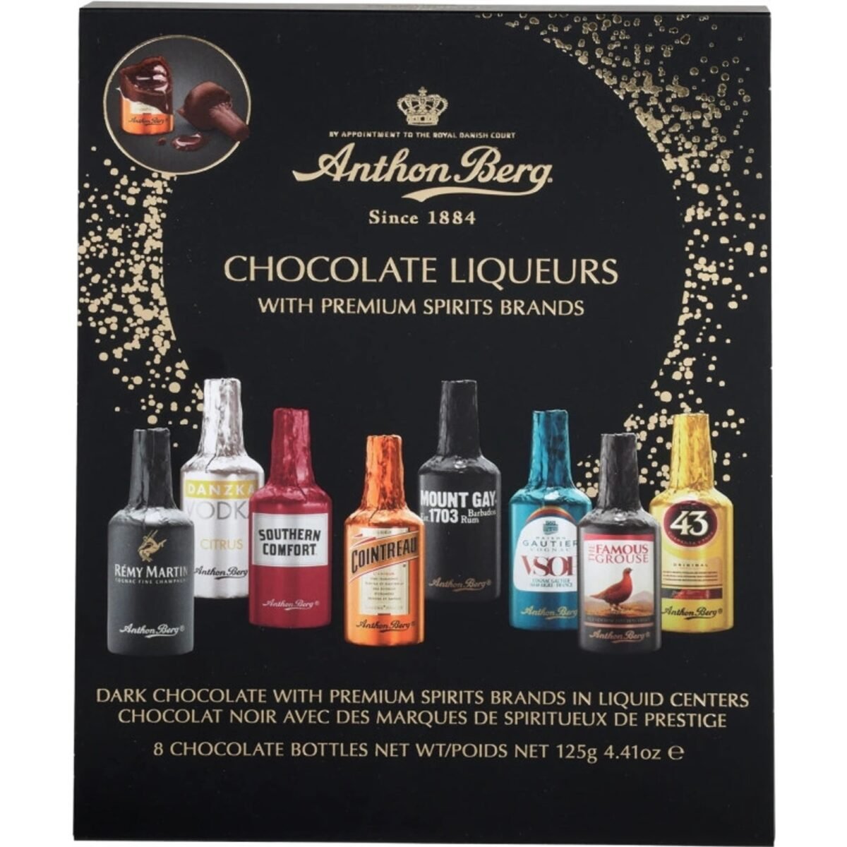 Anthon Berg Liqueurs 125 g is a premium selection of fine chocolates, each filled with a rich and flavorful liqueur.