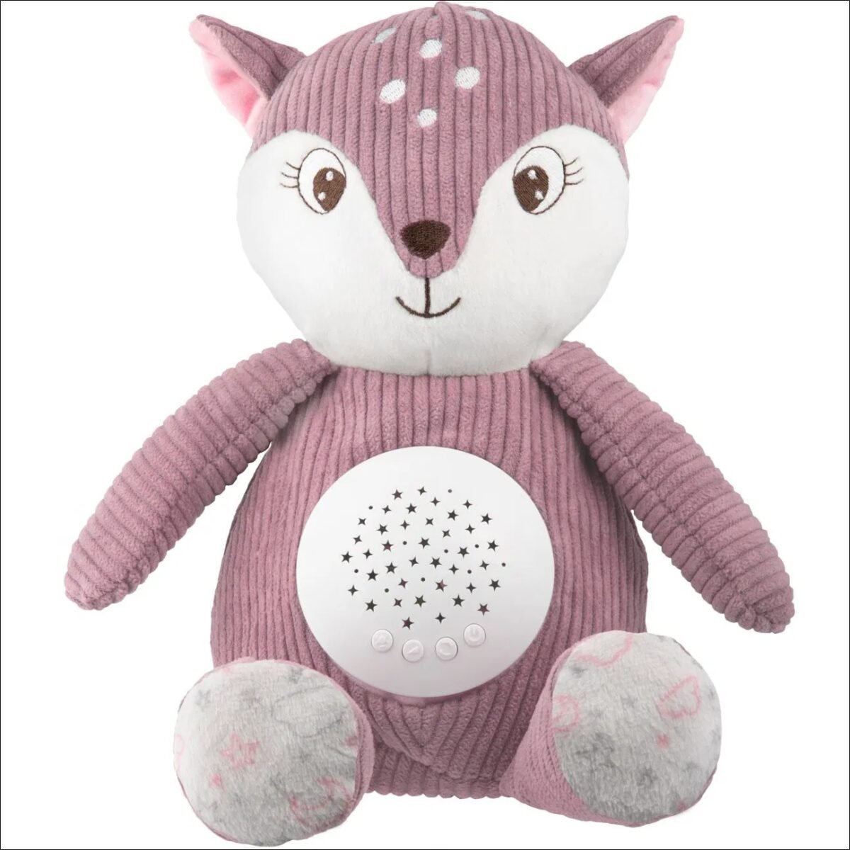 The Canpol Babies Plush Fawn with Melodies and Projector 3in1 Pink is a soothing plush toy designed to comfort babies. It features 12 calming melodies and a star projector that creates a serene environment, perfect for bedtime. The toy has 5 volume levels and an automatic shut-off after 30 minutes.