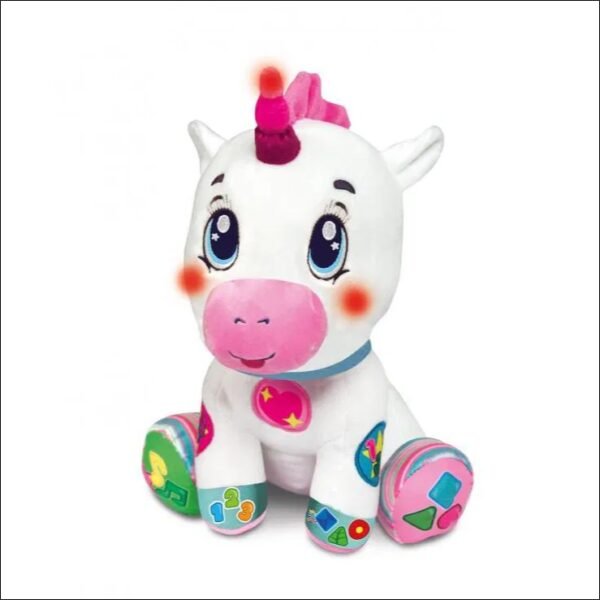 The plush interactive unicorn will not only entertain your children, but also teach them something! It will become the most popular soft pet, thanks to its many functions and cute appearance. The unicorn has five interactive buttons, which are placed on the legs with pictures. The buttons react when pressed, and are used to teach the first letters, numbers, colors and shapes. The child can also learn many new words, thanks to the cheerful rhymes and catchy songs that the little unicorn sings. The unicorn's horn and cheeks light up. The unicorn is truly versatile, it can speak Czech and Slovak. This interactive toy develops children in the areas of sensory, emotional and psychomotor development. The interactive unicorn is suitable for children from 6 months.