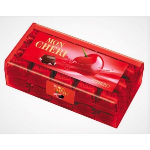 A premium assortment of dark chocolate confections with a rich liqueur and a whole cherry at the center, offering a luxurious and indulgent taste