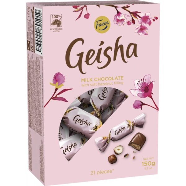 Geisha Pralines 150 g are a luxurious selection of delicately crafted pralines, each offering a smooth, creamy filling encased in premium milk chocolate.