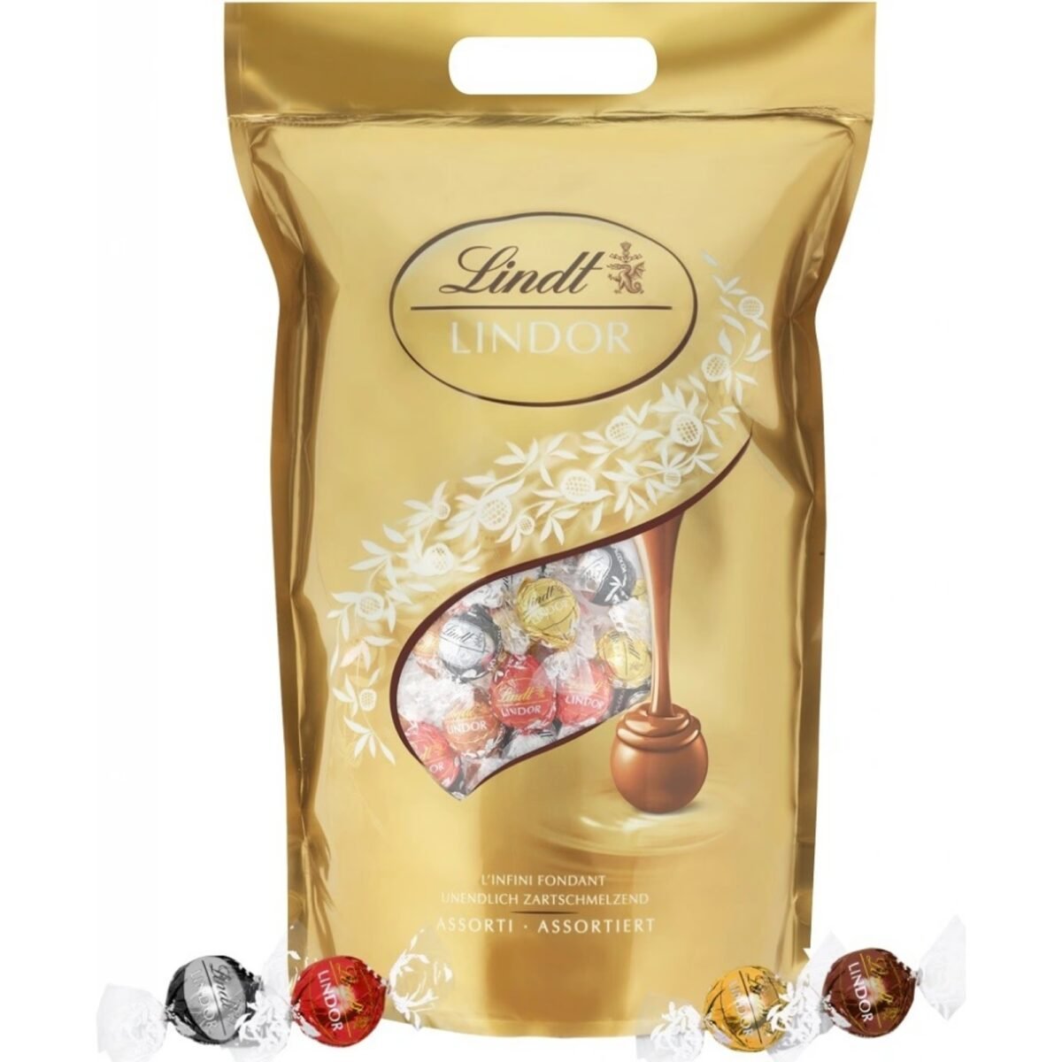 A luxurious assortment of Lindt’s finest chocolate truffles, featuring a variety of smooth, melting centers wrapped in rich milk, dark, white, and hazelnut chocolate.
