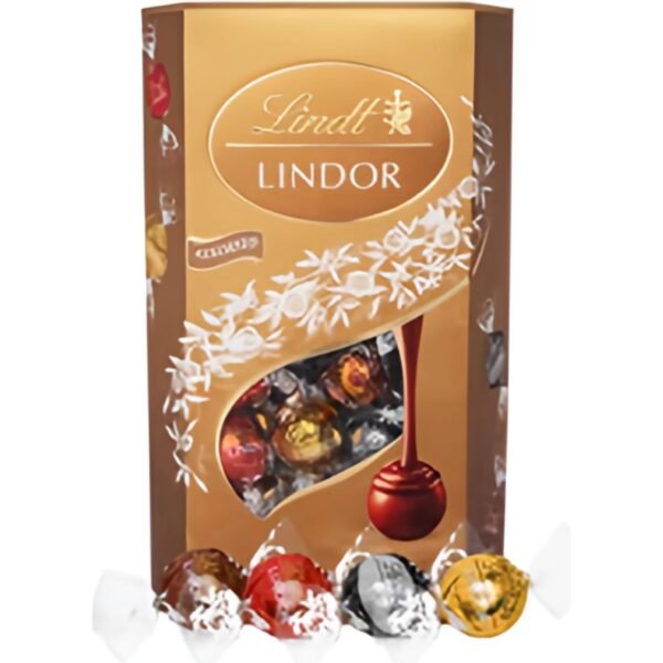 A luxurious assortment of Lindt’s signature chocolate truffles, featuring a variety of smooth, melting centers wrapped in rich milk, dark, white, and hazelnut chocolate.