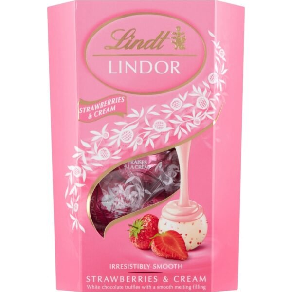 A luxurious assortment of smooth, creamy milk chocolate truffles filled with a rich strawberries and cream-flavored center.