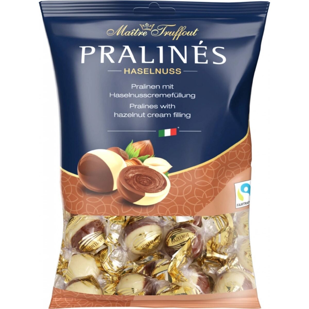 An exquisite selection of milk and white chocolate pralines, each filled with a rich and creamy hazelnut filling.