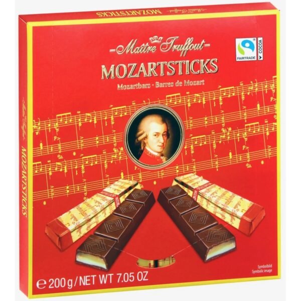 A delicious assortment of chocolate sticks inspired by the famous Mozart Balls, featuring a rich nougat and pistachio filling, encased in smooth milk chocolate.