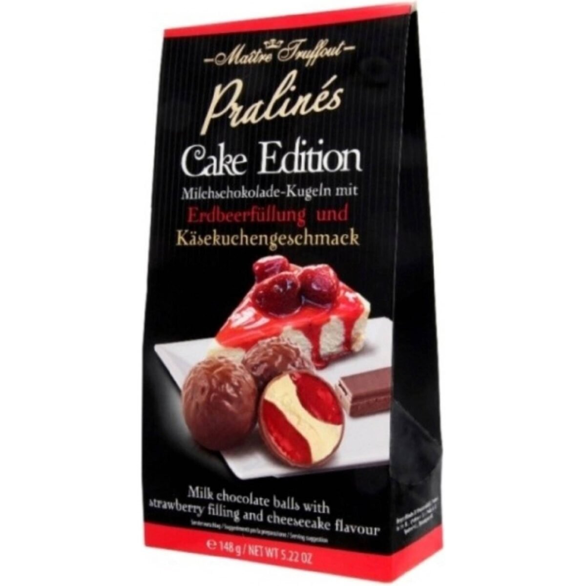 Maitre Truffout Pralines Strawberry Cheesecake 148 g, a delicious assortment of pralines filled with a creamy strawberry cheesecake filling, encased in smooth, rich chocolate.