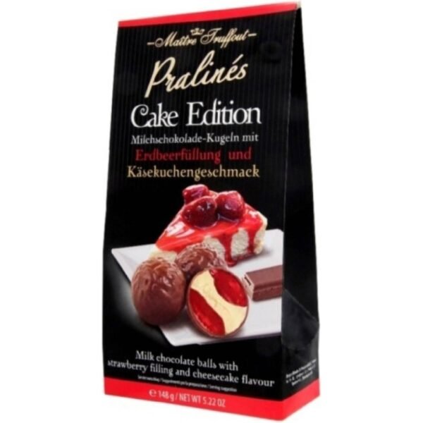 Maitre Truffout Pralines Strawberry Cheesecake 148 g, a delicious assortment of pralines filled with a creamy strawberry cheesecake filling, encased in smooth, rich chocolate.