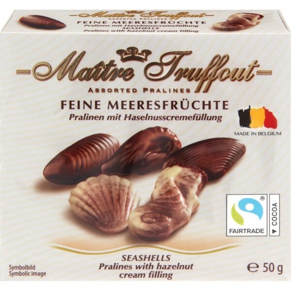 Maitre Truffout Seafood is a delightful assortment of seafood-shaped chocolates, crafted from high-quality milk and dark chocolate with a rich, creamy hazelnut filling.