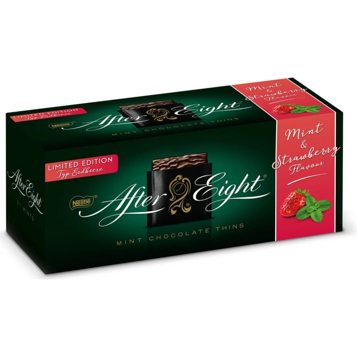 Nestlé After Eight Strawberry & Mint 200 g is a refreshing twist on the classic After Eight chocolates. Each piece features a thin layer of smooth, rich dark chocolate with a unique filling that combines the freshness of mint and the sweet, tangy flavor of strawberry.
