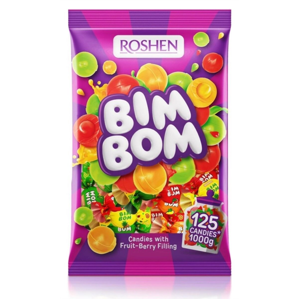Roshen Bim Bom 1000 g, A popular and delicious assortment of chewy candies coated in colorful sugar shells.