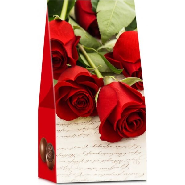 Exquisite Italian pralines crafted with fine chocolate and a smooth, creamy filling, elegantly wrapped in red rose-themed packaging.