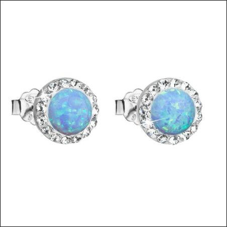 Silver stud earrings with synthetic opal and Preciosa light blue round crystals 31217.1 Lt. Blue s. Opal