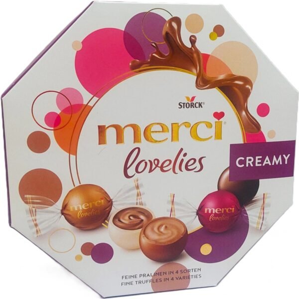 Experience the smooth and creamy delight of Storck Merci Lovelies, a premium selection of indulgent chocolate pralines. This 185g assortment offers a variety of rich, velvety fillings encased in fine milk chocolate, making every bite a moment of pure pleasure.