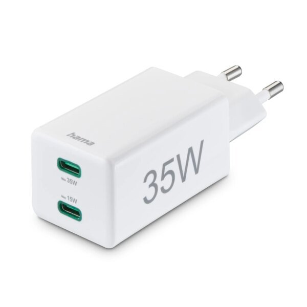 The Hama fast USB charger offers a total power output of 35W across 2x USB-C ports, supporting both Power Delivery (PD) and Quick Charge (QC) technologies.
