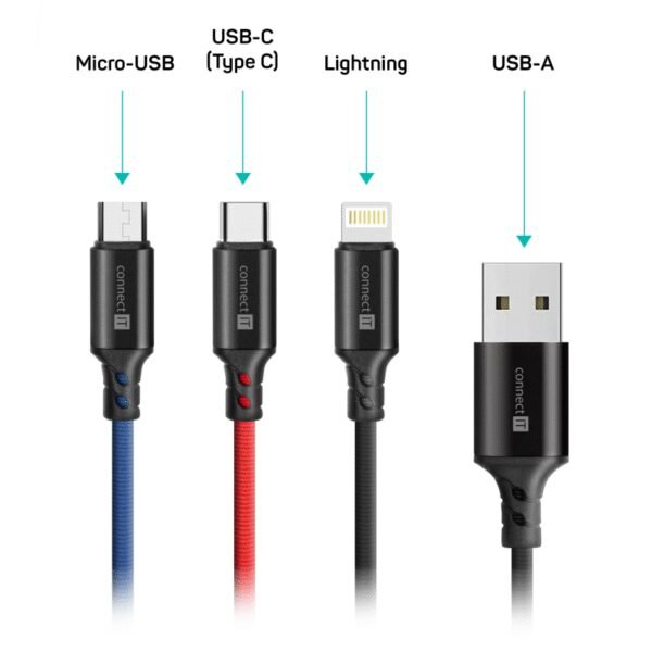 The Connect IT Wirez 3-in-1 USB cable (1.2m, black) is a versatile solution that includes three connectors: USB-C, microUSB, and Lightning, making it compatible with a wide variety of devices such as iPhones, Android smartphones, and USB-C enabled gadgets.