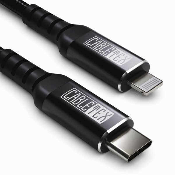 The CABLETEX USB-C to Lightning Cable is designed for fast and efficient charging and data transfer for iPhone and iPad devices.