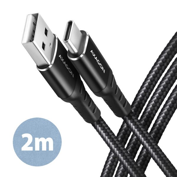 The AXAGON BUCM-AM20AB is a high-quality 2-meter USB-C to USB-A cable designed for USB 2.0 data transfer and charging.