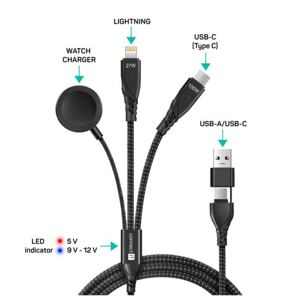 The CONNECT IT Wirez 6-in-1 cable (1.25m, black) is an incredibly versatile charging solution that includes three connectors: USB-C, Lightning, and a dedicated Apple Watch charger.