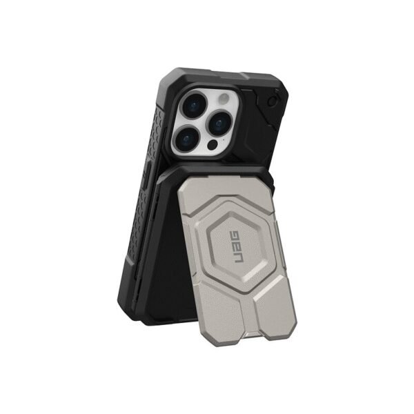 The UAG Magnetic Wallet with Stand in black is a rugged and functional accessory designed for MagSafe-compatible iPhones (iPhone 12 and newer models).