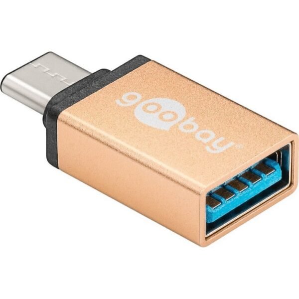 The Goobay USB-C™/USB-A 3.0 OTG SuperSpeed® Adapter in gold is a stylish and functional accessory designed to connect USB-A peripherals (such as flash drives, keyboards, or mice) to USB-C devices.