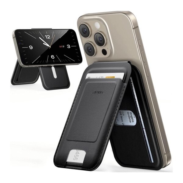 The Ugreen Magnetic Wallet with Stand (Black) is a versatile and stylish accessory designed for MagSafe-enabled iPhones (iPhone 12 and newer models).