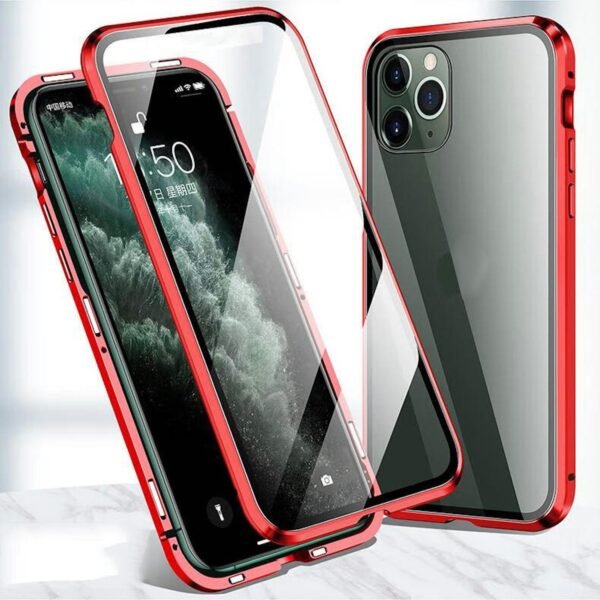 The WIGENTO Double-Sided 360-degree magnet glass bumper case for the Apple iPhone 16 Pro in red offers superior protection with a sleek, eye-catching design.