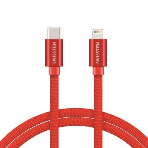 The SWISSTEN Textile Lightning data cable (2m, red) is a high-quality cable designed for fast charging and data transfer for Apple devices, including iPhone 5 and newer models.