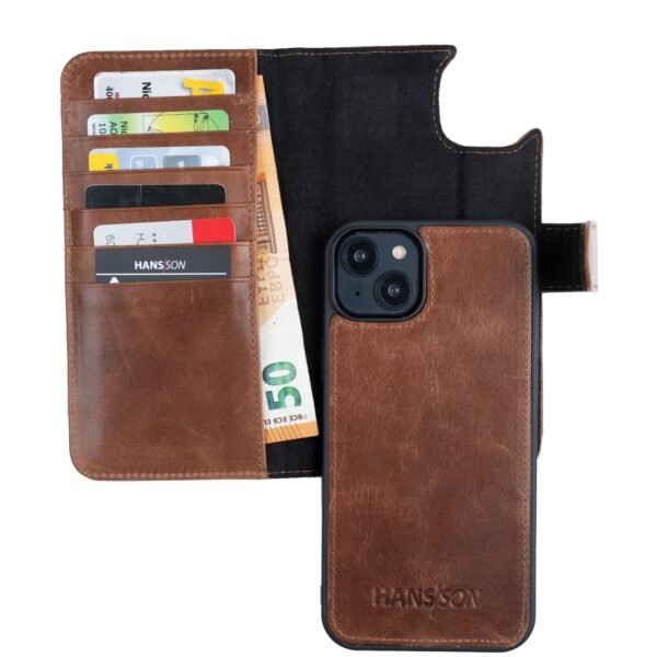 The HANS/SON Genuine Leather Flip Case for iPhone 14 is designed to provide premium protection and functionality.