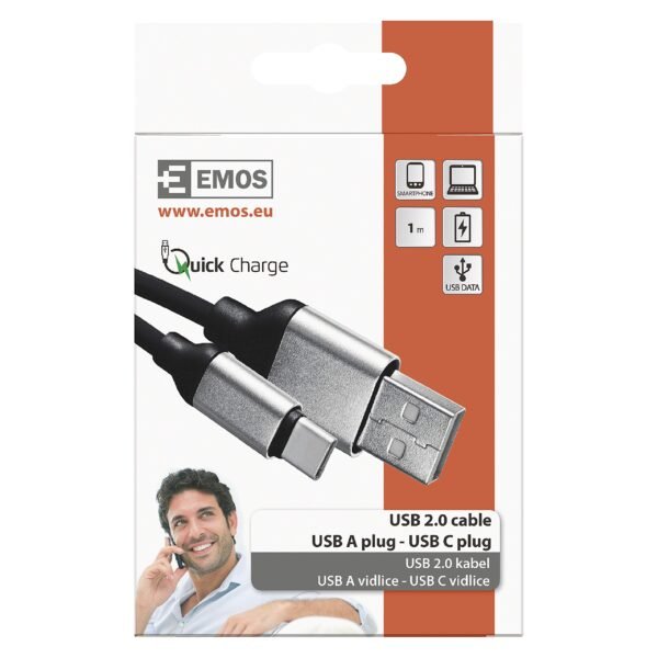The EMOS USB-A 2.0 to USB-C 2.0 cable is designed for both charging and data transfer. With a 1-meter length, it provides convenient flexibility for everyday use.