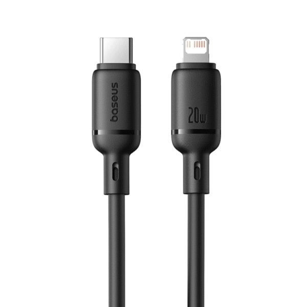 The Baseus Silky USB-C to Lightning fast charging cable (1m, black) is designed to provide 20W fast charging and high-speed data transfer for Apple devices, including iPhone 8 and newer models.