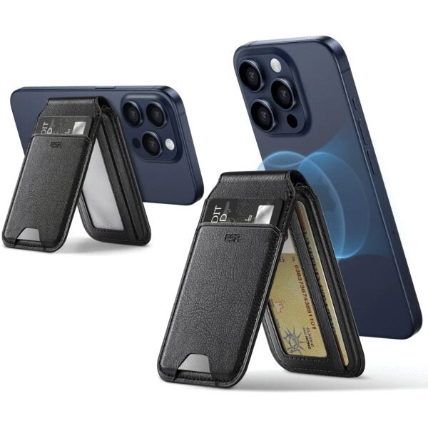 The ESR HaloLock Vegan Leather Wallet Stand in Black Sheepskin is a sleek, eco-friendly accessory designed to provide both card storage and a convenient stand for your MagSafe-enabled iPhone.