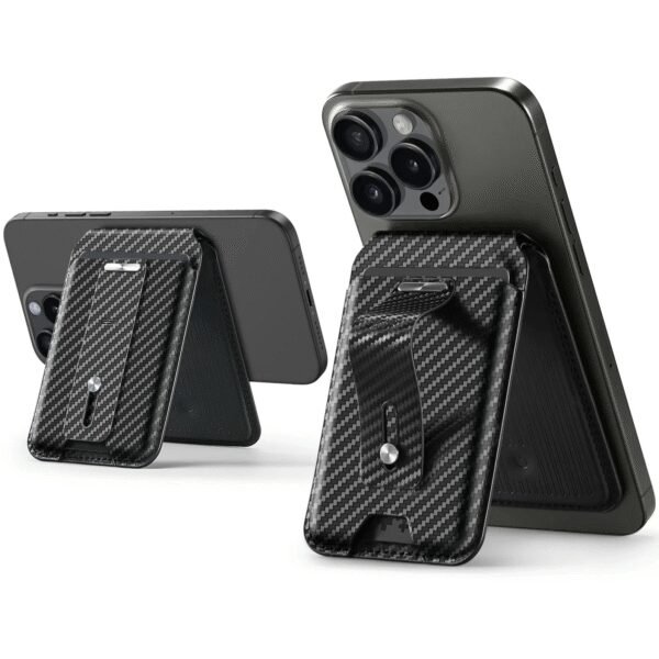 The ESR HaloLock Geo Wallet Stand in Black Carbon Fiber is a sleek, multifunctional accessory designed to securely store your cards while also serving as a convenient phone stand.