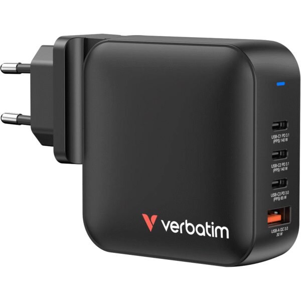 The VERBATIM Mini GaN Charger 165W leverages Gallium Nitride (GaN) technology for high-efficiency power delivery and a compact form factor.