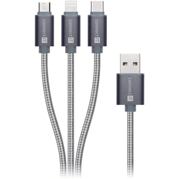 The CONNECT IT Wirez 3-in-1 Cable (1.2m) in silver offers a versatile solution for charging and data transfer, featuring three connectors in one cable: