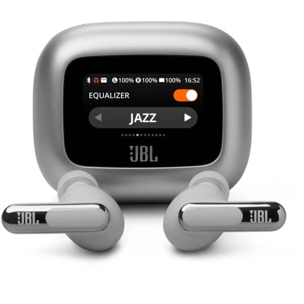 The JBL Live Beam 3 silver are true wireless earbuds that combine high-quality sound with a sleek, modern design.