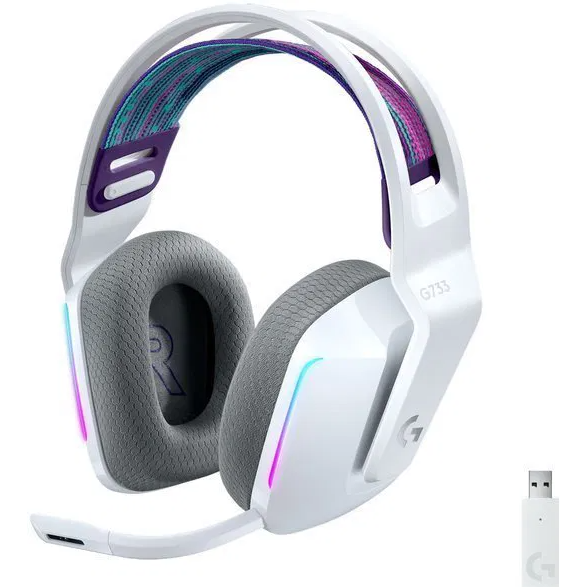 The Logitech G733 LIGHTSPEED White is a wireless gaming headset designed for high-performance audio and comfort.