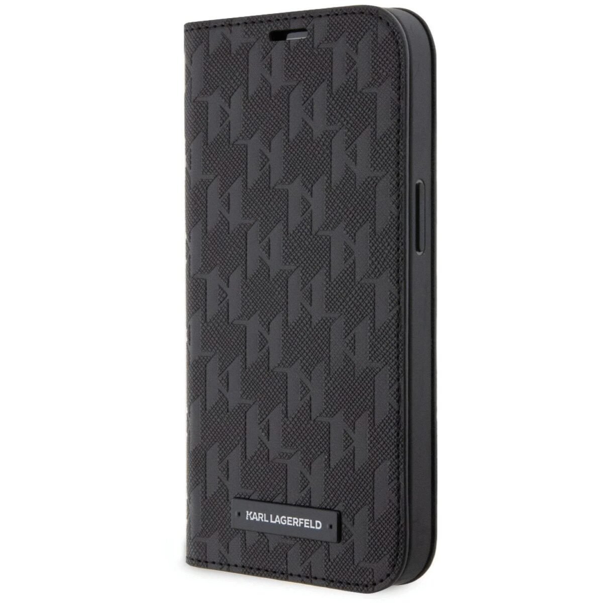 The Karl Lagerfeld PU Saffiano Monogram Book Case for iPhone 13 Pro in black combines luxury and functionality.