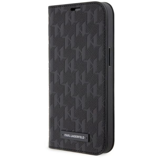 The Karl Lagerfeld PU Saffiano Monogram Book Case for iPhone 13 Pro in black combines luxury and functionality.