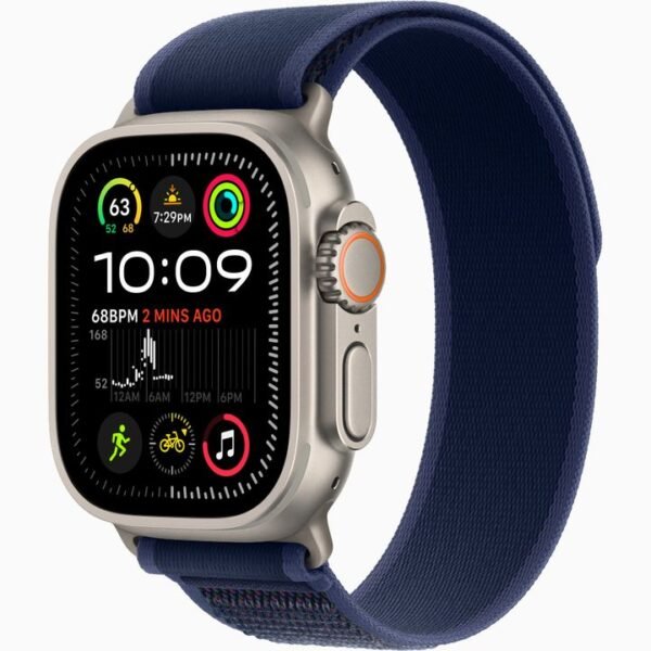 The Apple Watch Ultra 2 GPS + Cellular (49mm) with a Natural Titanium Case and Blue Trail Loop is a rugged, high-performance smartwatch designed for outdoor enthusiasts.