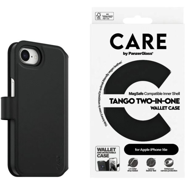 The PanzerGlass CARE Case for Apple iPhone 16e in black is a versatile 2-in-1 solution that combines protection with functionality.