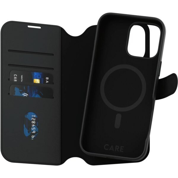 The PanzerGlass CARE Case for Apple iPhone 16 Pro Max in Black is a premium 2-in-1 wallet case designed to offer protection and convenience.