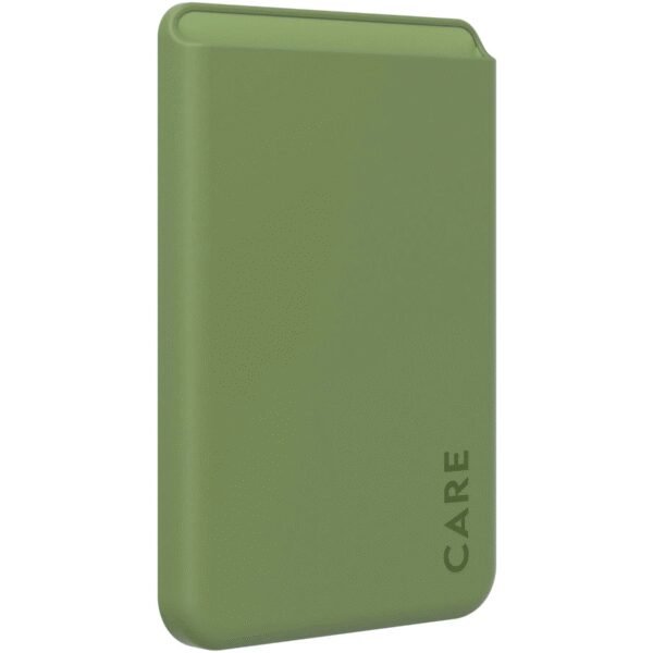 The PanzerGlass CARE Apple MagSafe RFID CardHolder in green is a sleek and secure wallet designed to keep your cards safe and easily accessible while attaching seamlessly to your MagSafe-enabled iPhone.