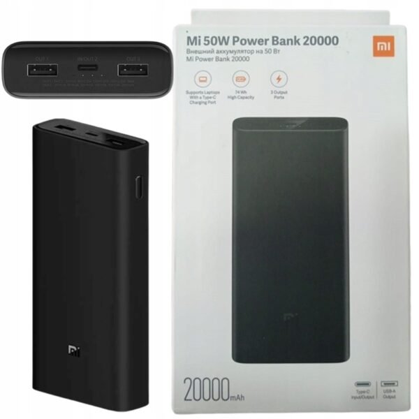 The Xiaomi 20000mAh Powerbank in black is a high-capacity, efficient charging solution for your devices.