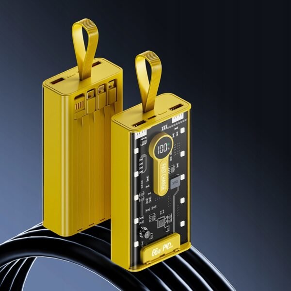 The JJM 20000 mAh Powerbank in yellow is a high-capacity, stylish, and portable charger designed to keep your devices powered up when you need it most.