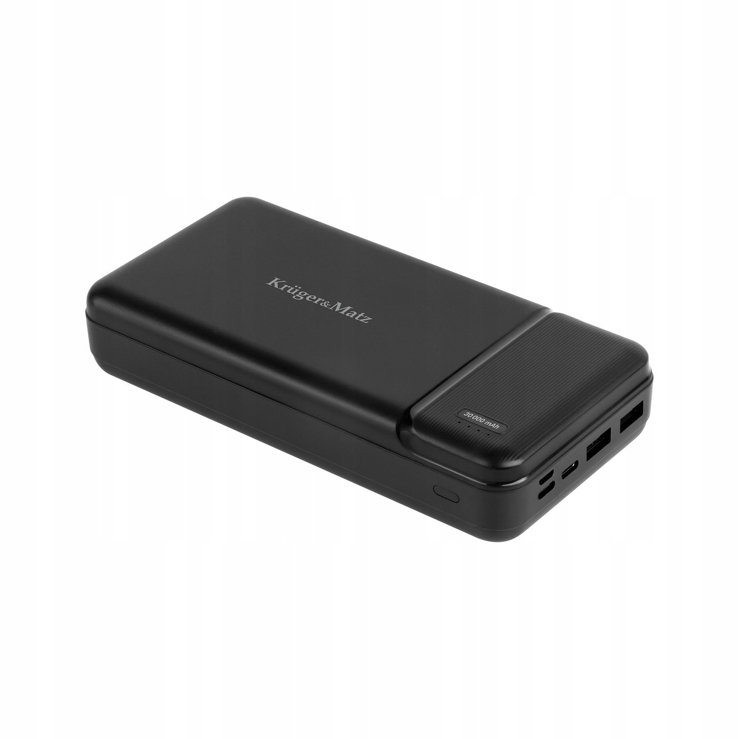 Kruger&Matz Powerbank 30000mAh black 1 The Kruger&Matz 30000 mAh Powerbank in black provides exceptional capacity for extended power needs.