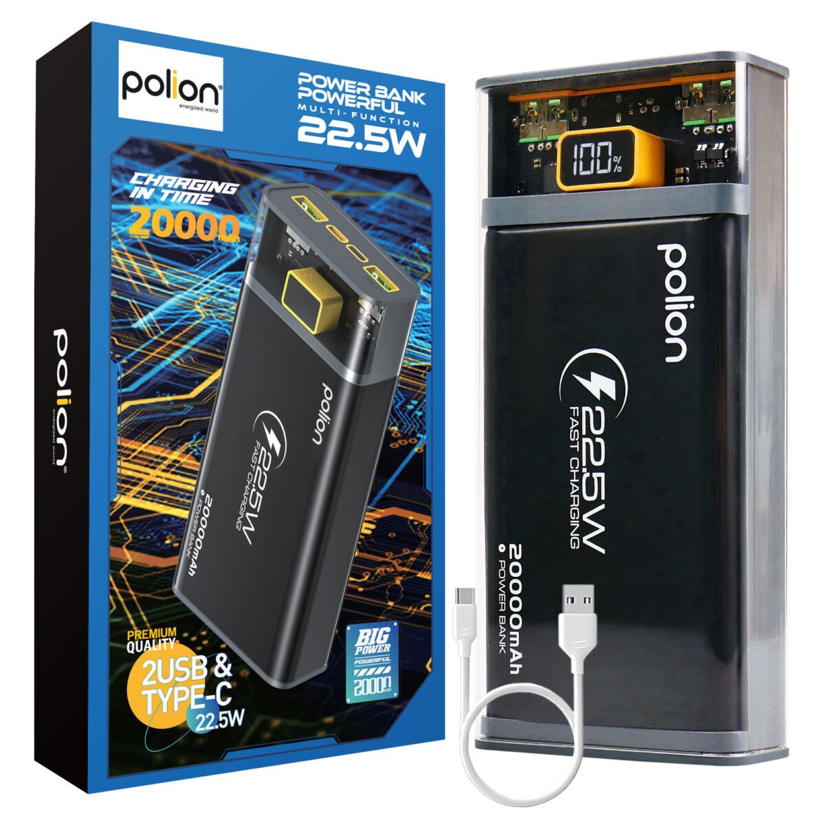 The POLION Fast Charging Powerbank offers a high-capacity 20000 mAh battery, designed to keep your devices powered during extended use.