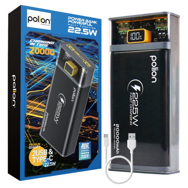 The POLION Fast Charging Powerbank offers a high-capacity 20000 mAh battery, designed to keep your devices powered during extended use.